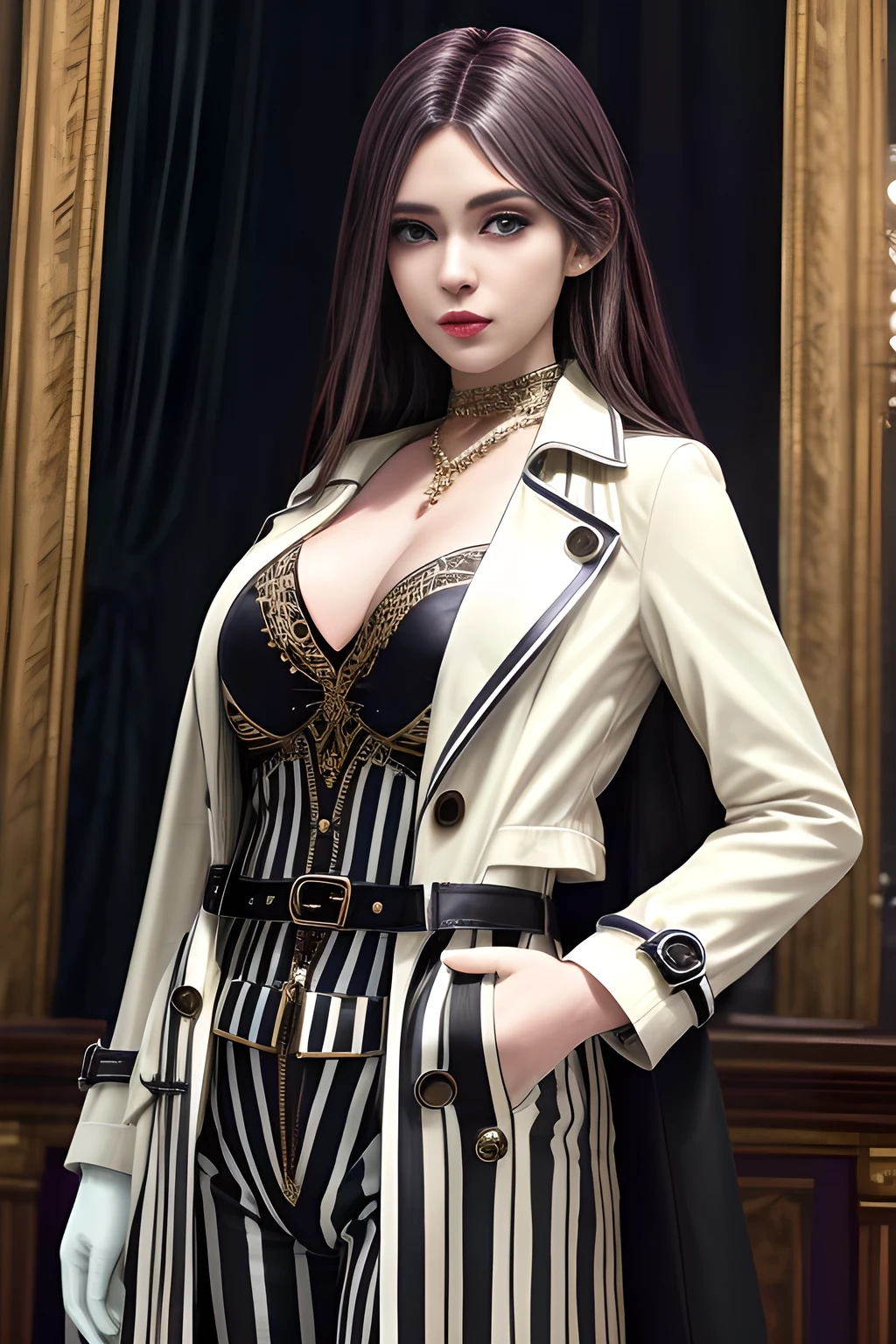 1girl,Wearing an elegant and fashionable suit. He is wearing a long white trench coat, and the buttons and belt design of the trench coat add a touch of classicism. He is wearing a dark striped suit, including a suit jacket and pants, and black gloves on his hands,, beautiful detailed eyes, beautiful detailed lips, extremely detailed eyes and face, long eyelashes, best quality, 4k, 8k, highres, masterpiece, ultra-detailed, realistic, photorealistic, photo-realistic, ethereal glow, regal elegance, intricate details, luxurious, otherworldly beauty, dark atmospheric background, supernatural aura,  elise,