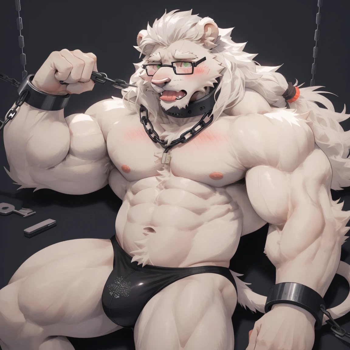masterpiece, best quality, 8k resolution, Very detailed, hairy,(((White lion))),((())),(((middle age))),(((White hair all over body))),(((Blushing))),(((Super Muscle))),(((strong))),portrait,(((Green eyes))),(((Strong))),(((Glasses))),(((Shirtless))),Hip bulge,For the audience,(((Shameful))),Highest quality scene,Solitary,solitary,(((thong)),(((Hip bulge))),(((Blushing degree:100%))),((Chains)),(((limb shackles)))),(((Neck collar))),(Shameful),((Lying))),((Stick out your tongue)),(((White fur))),((Long hair))
