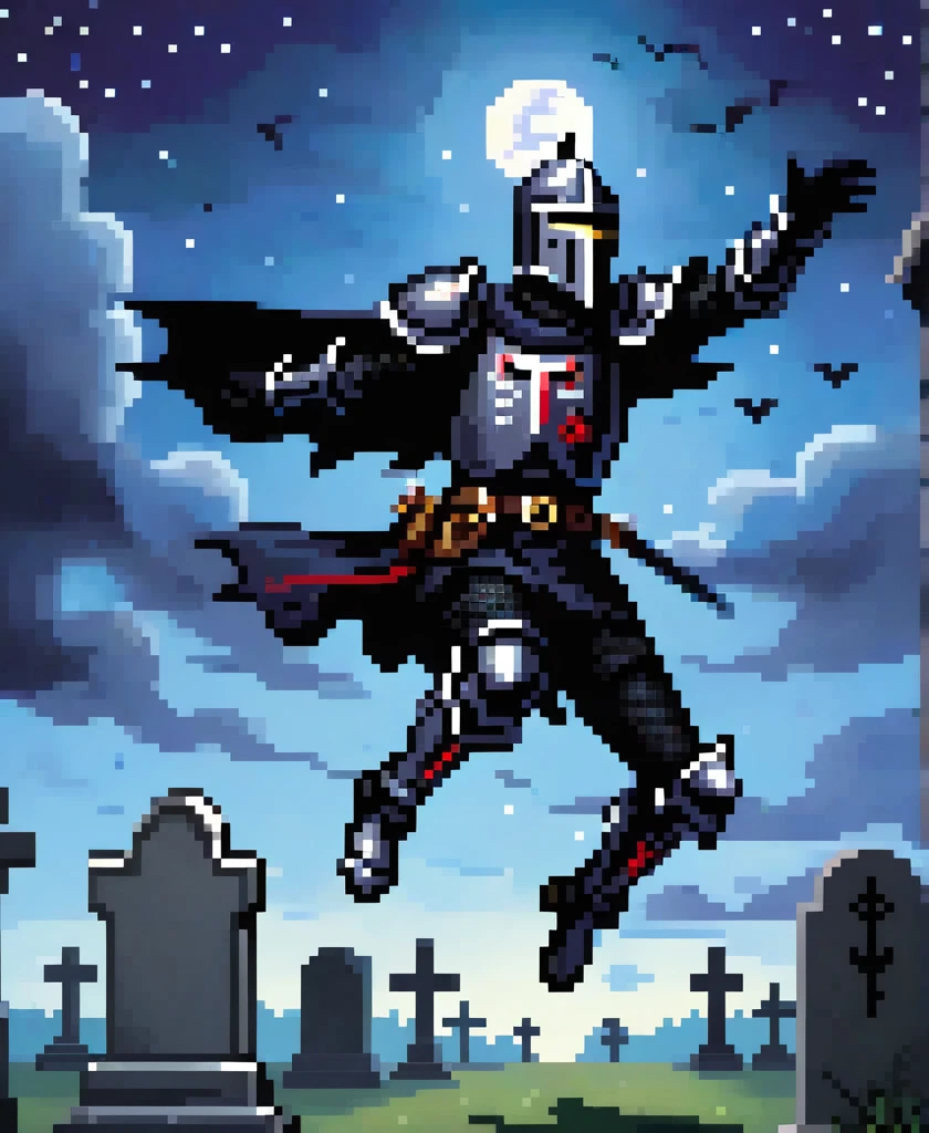 gothic black knight injured leaping towards viewer, leaping, Floating in mid-air, ascending to the Sky, jumping towards viewer, to the night sky in a cemetery