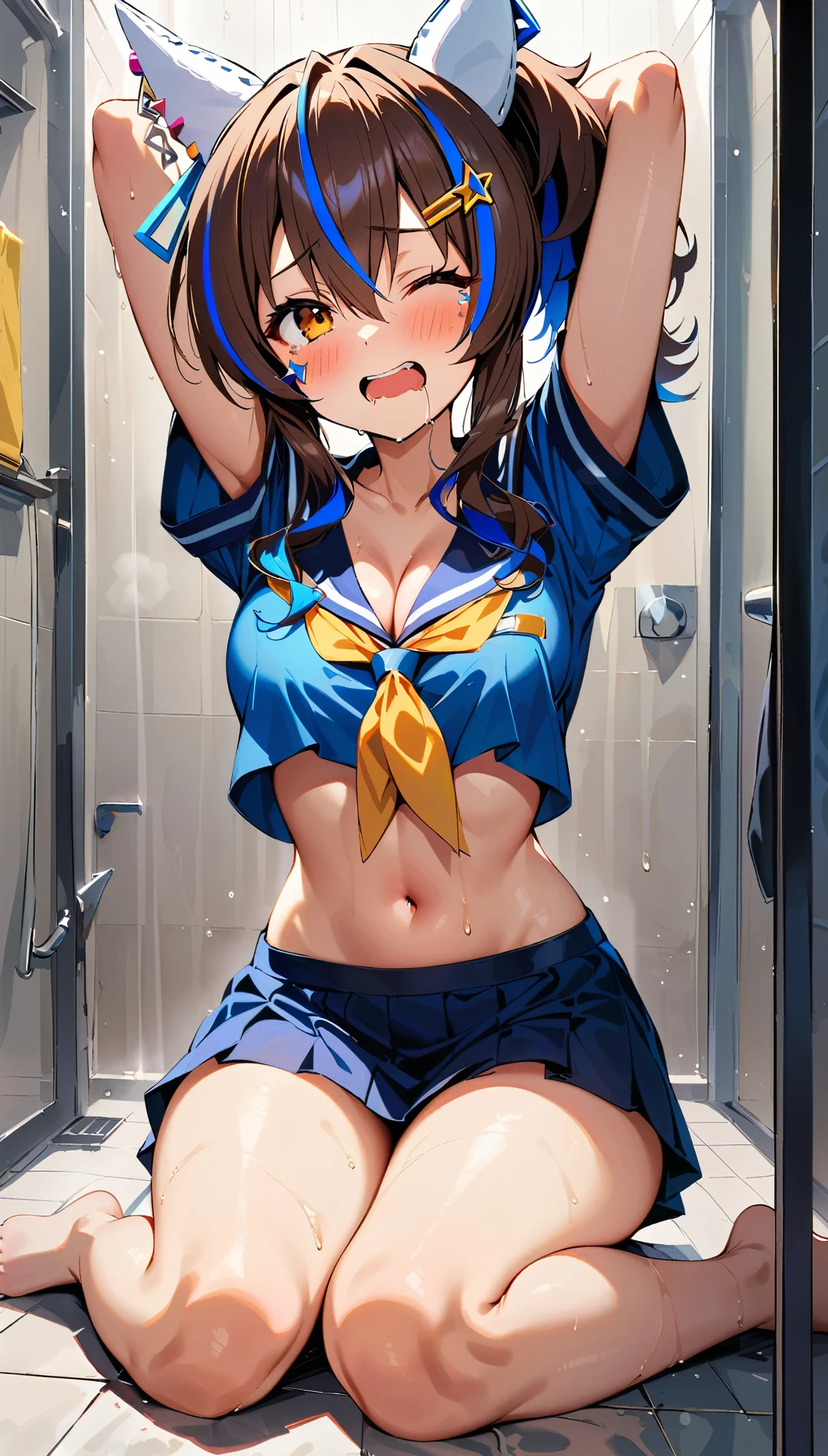 Highest quality, Super detailed, masterpiece, Ultra-high resolution, 8K, Embarrassing, blush, Lovely, Close one eye, With tears in her eyes and her mouth open, drooling, (arms behind head), wariza,  (off-shoulder sailor uniform, micro mini skirt), cleavage out, crop top navel, 1girl, daitaku helios \(umamusume\), umamusume, medium breasts, Absolute area, Waistline, (Shower room, I take a shower)