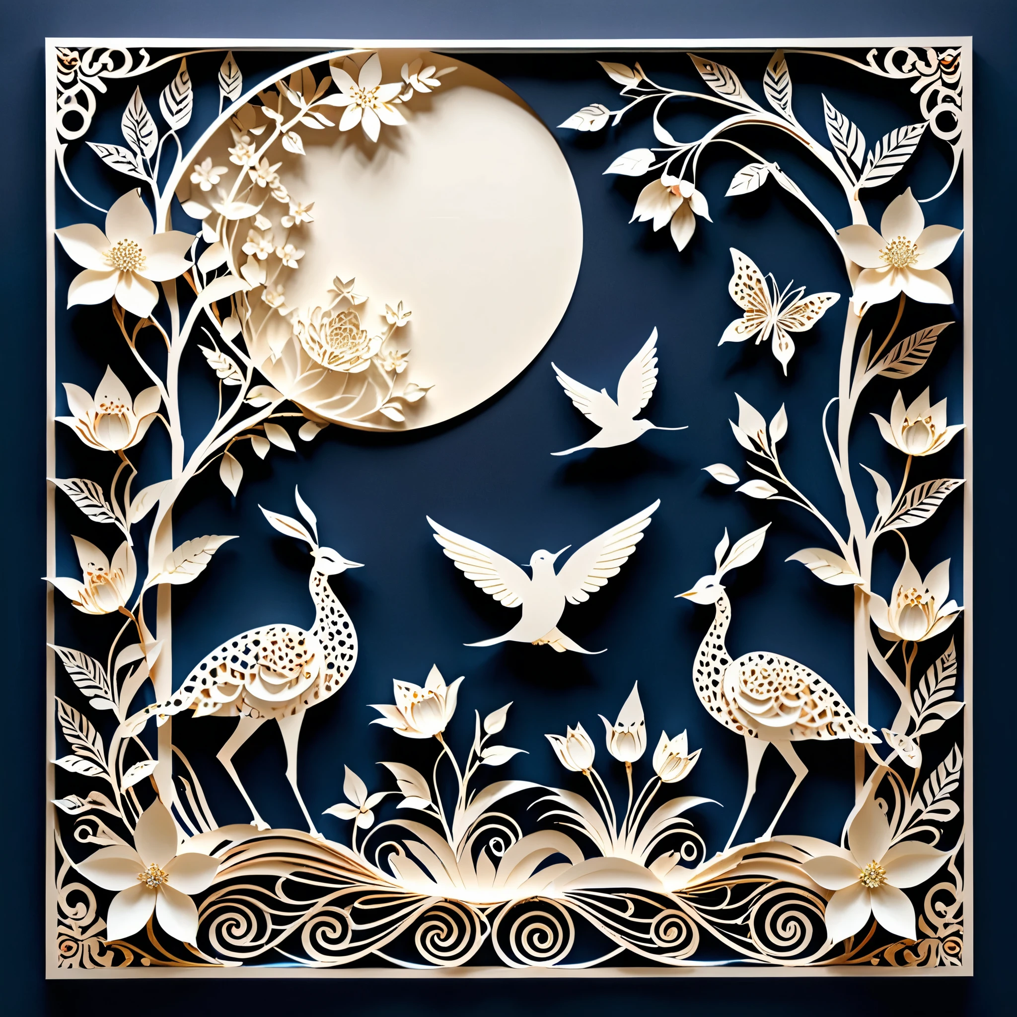 Create a detailed paper cutout artwork depicting a scene that combines intricate patterns with various flowers. The scene should include a harmonious blend of elaborate, decorative patterns interwoven with different types of flowers such as roses, lilies, and cherry blossoms. The patterns should enhance and complement the shapes and colors of the flowers, creating a seamless integration between the floral elements and the abstract designs. The artwork should evoke a sense of beauty and intricacy, highlighting the elegance and charm of both the patterns and the flowers. The overall mood should be artistic and enchanting, capturing the delicate beauty of nature through detailed design.