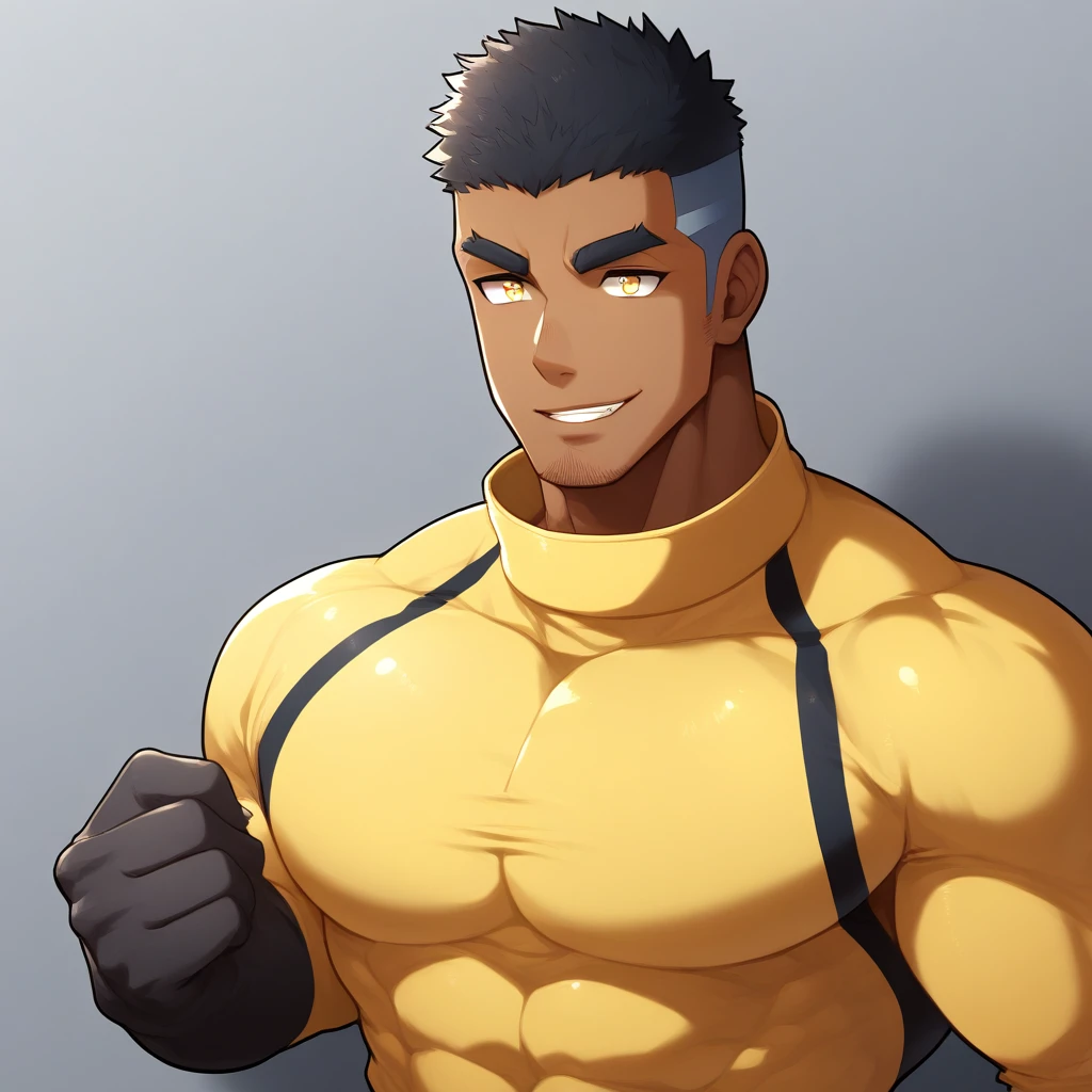 anime characters：Gyee, Muscle Sports Student, negro black skin, 1 dark skin muscular tough guy, Manliness, male focus, Light yellow high collar long sleeve tight T-shirt, Slightly transparent material, Very tight, Round, full and perky chest muscles, Slightly transparent, muscular male, muscular, only, Upper body, alone, Black short hair, Thick eyebrows, stubble, Yellow eyes, Grey background, simple background, amazing quality, best aesthetics, Ridiculous, bright pupils, crew cut, parted lips, seductive smile, torogao, naughty face, drop shadow, best quality