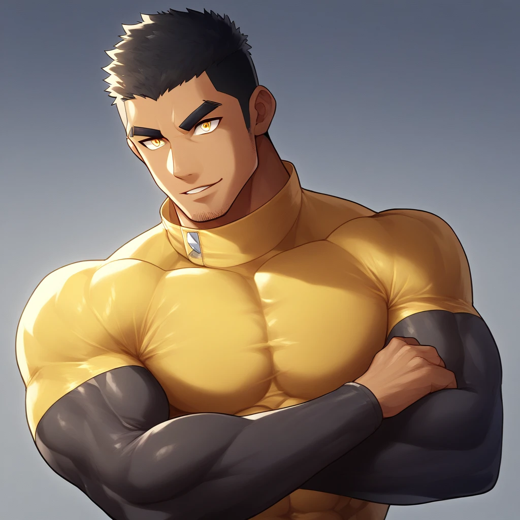 anime characters：Gyee, Muscle Sports Student, negro black skin, 1 dark skin muscular tough guy, Manliness, male focus, Light yellow high collar long sleeve tight T-shirt, Slightly transparent material, Very tight, Round, full and perky chest muscles, Slightly transparent, muscular male, muscular, only, Upper body, alone, Black short hair, Thick eyebrows, stubble, Yellow eyes, Grey background, simple background, amazing quality, best aesthetics, Ridiculous, bright pupils, crew cut, parted lips, seductive smile, torogao, naughty face, drop shadow, best quality