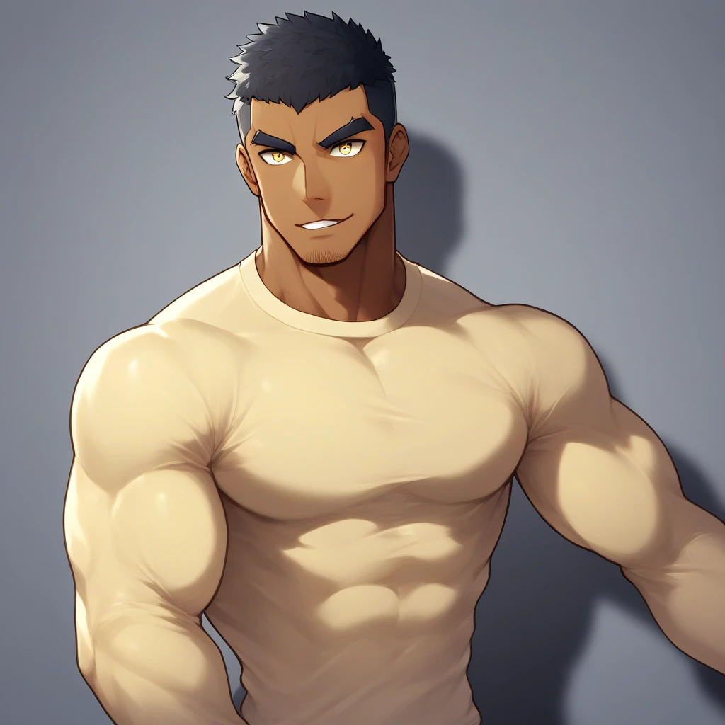 anime characters:Gyee, Muscle Sports Student, negro black skin, 1 dark skin muscular tough guy, Manliness, male focus, Light yellow high collar long sleeve tight T-shirt, Slightly transparent material, Very tight, Round, full and perky chest muscles, Slightly transparent, muscular male, muscular, only, Upper body, alone, Black short hair, Thick eyebrows, stubble, Yellow eyes, Grey background, simple background, amazing quality, best aesthetics, Ridiculous, bright pupils, crew cut, parted lips, seductive smile, torogao, naughty face, drop shadow, best quality