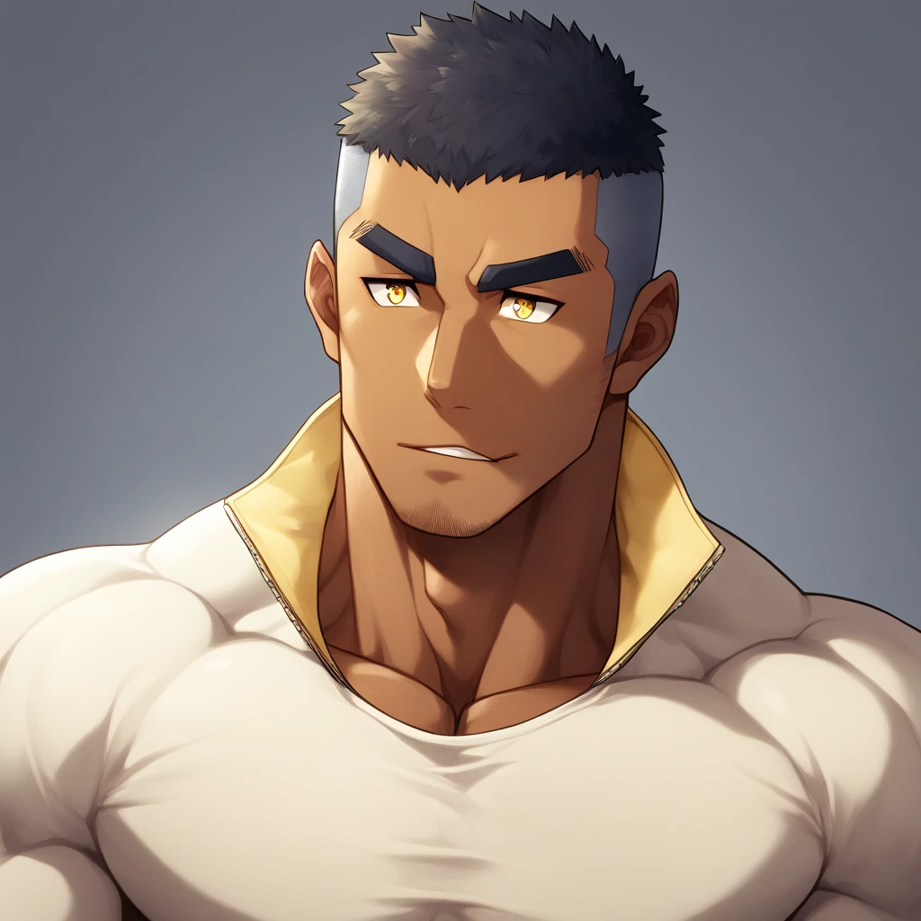 anime characters：Gyee, Muscle Sports Student, negro black skin, 1 dark skin muscular tough guy, Manliness, male focus, Light yellow high collar long sleeve tight T-shirt, Slightly transparent material, Very tight, Round, full and perky chest muscles, Slightly transparent, muscular male, muscular, only, Upper body, alone, Black short hair, Thick eyebrows, stubble, Yellow eyes, Grey background, simple background, amazing quality, best aesthetics, Ridiculous, bright pupils, crew cut, parted lips, seductive smile, torogao, naughty face, drop shadow, best quality