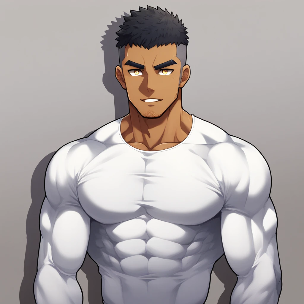 anime characters:Gyee, Muscle Sports Student, negro black skin, 1 dark skin muscular tough guy, Manliness, male focus, Light yellow high collar long sleeve tight T-shirt, Slightly transparent material, Very tight, Round, full and perky chest muscles, Slightly transparent, muscular male, muscular, only, Upper body, alone, Black short hair, Thick eyebrows, stubble, Yellow eyes, Grey background, simple background, amazing quality, best aesthetics, Ridiculous, bright pupils, crew cut, parted lips, seductive smile, torogao, naughty face, drop shadow, best quality