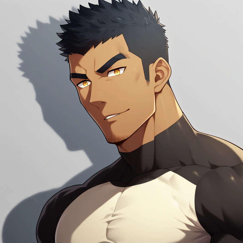 anime characters:Gyee, Muscle Sports Student, ????? black skin, 1 dark skin muscular tough guy, Manliness, male focus, Light yellow high collar long sleeve tight T-shirt, Slightly transparent material, Very tight, Round, full and perky chest muscles, Slightly transparent, muscular male, muscular, only, Upper body, alone, Black short hair, Thick eyebrows, stubble, Yellow eyes, Grey background, simple background, amazing quality, best aesthetics, Ridiculous, bright pupils, crew cut, parted lips, seductive smile, torogao, naughty face, drop shadow, best quality