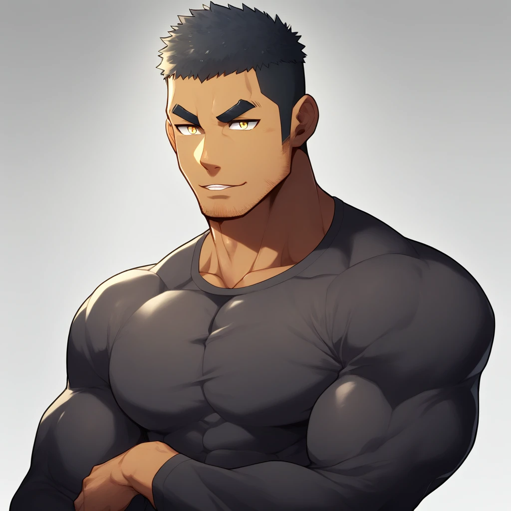 anime characters：Gyee, Muscle Sports Student, negro black skin, 1 dark skin muscular tough guy, Manliness, male focus, Light yellow high collar long sleeve tight T-shirt, Slightly transparent material, Very tight, Round, full and perky chest muscles, Slightly transparent, muscular male, muscular, only, Upper body, alone, Black short hair, Thick eyebrows, stubble, Yellow eyes, Grey background, simple background, amazing quality, best aesthetics, Ridiculous, bright pupils, crew cut, parted lips, seductive smile, torogao, naughty face, drop shadow, best quality