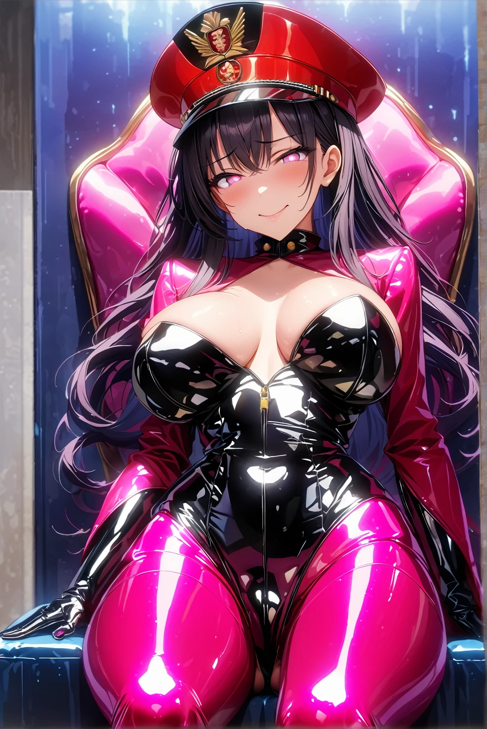 masterpiece, best quality, 1lady,black hair,long hair,glowing eyes, (finely detailed empty pupils and detailed face),,,,extremely detailed picture unity 8k wallpaper,solo,(latex military costume:0.9),large breasts,seductive smile,military hat,latex thighhigh,large breasts,black hair,pink eyes,black leotard,pantyhose,no sleeve,enamel suits,grossy lips,sitting,bust shot,sadistic smile,,heel