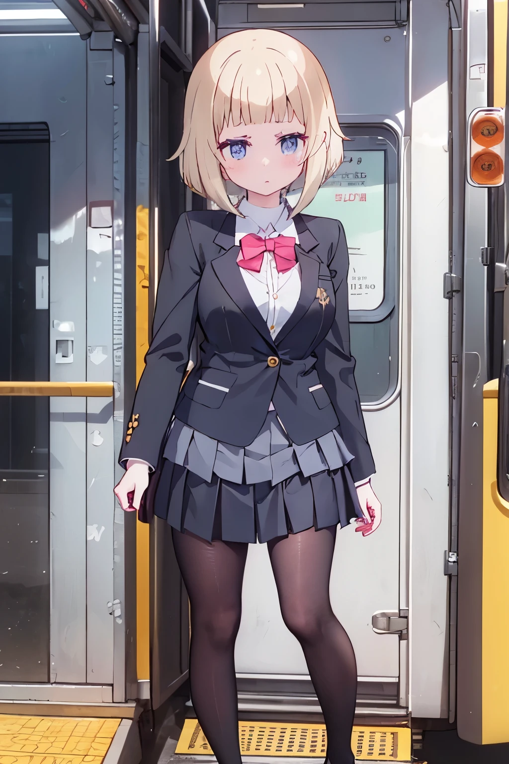 (8K、Highest quality、highest quality、masterpiece)、Detailed face、One girl、on the train、Put your hands on the door、Press against chest、((ドアの窓ガラスにPress against chest1.4))、、short hair、、blunt bangs、Grey Eyes、、、((Blazer jacket uniform))、((Pleated skirt))、((No panties))、((bent over))、Back Alley Background、Very large breasts、Nipples are visible、、Black Pantyhose、Milk dripping from nippleilk spurting from the nipple、、Open your mouth、Troubled face、Love juice from the genitals、Full body portrait、Black Loafers、One man、Hearts in the eyes、Sex with a man、A man stands behind、A man grabs my waist from behind、Standing doggy style、Put your hand on the door、Exposing the breasts