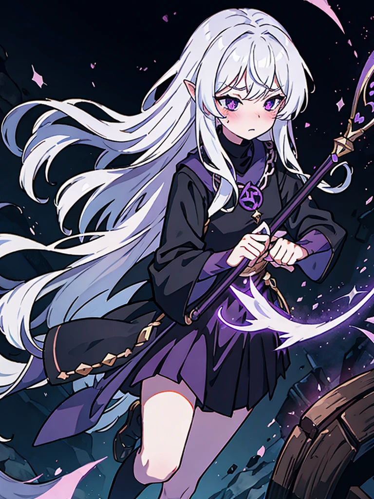 Witch girl, dark cloth,long white hair, jealous emotional, blush,holding a Magic wand, tsundere, purple eyes, medieval's house background, short skirt, long black socks, teenager appearance