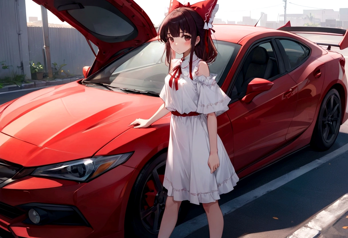 araffe girl in a white dress standing next to a red car, anime style 4 k, anime style. 8k, cute anime waifu in a nice dress, anime moe artstyle, 8k!, reimu hakurei, made with anime painter studio, guweiz, smooth anime cg art, badass anime 8 k, high quality anime artstyle