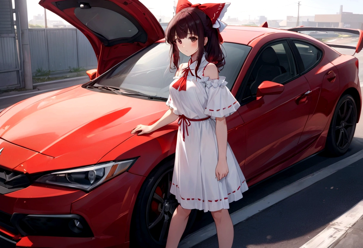 araffe girl in a white dress standing next to a red car, anime style 4 k, anime style. 8k, cute anime waifu in a nice dress, anime moe artstyle, 8k!, reimu hakurei, made with anime painter studio, guweiz, smooth anime cg art, badass anime 8 k, high quality anime artstyle