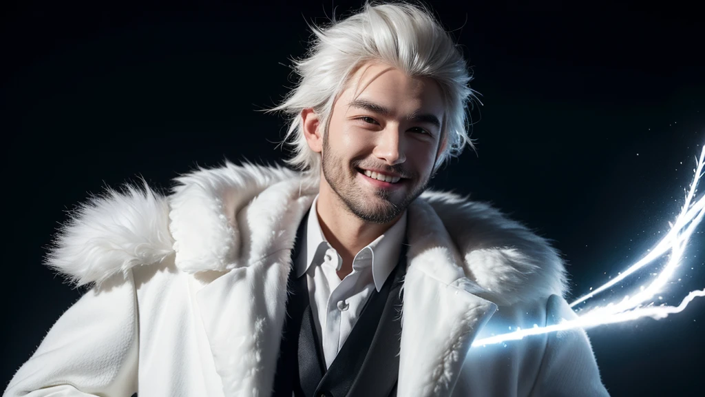 hairy, White fur,Smile cunning, Black suit,man,night, Glowing hair