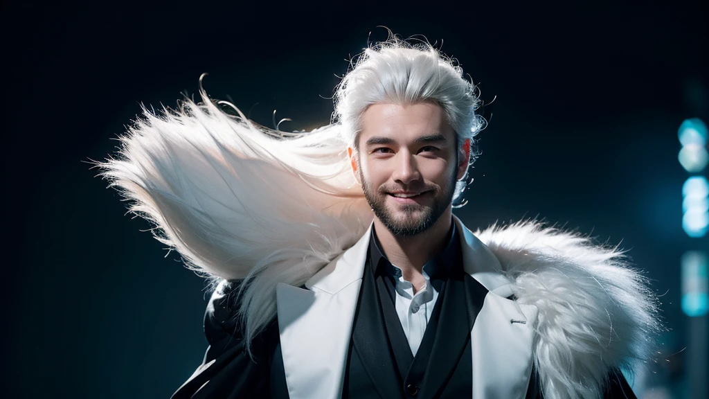 hairy, White fur,Smile cunning, Black suit,man,night, Glowing hair