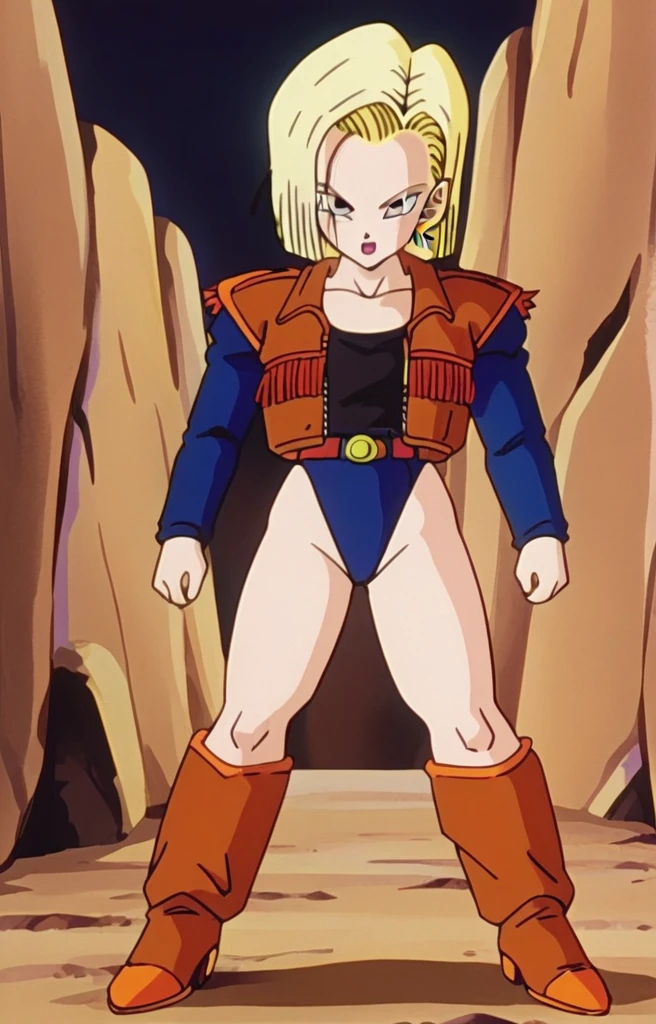 cyborgc18dbz, 1girl, blonde hair, blue eyes, short hair, earrings, thong leotard, thigh high boots, jacket, grunt, seious, 