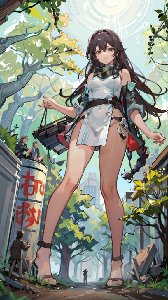 In a forest of large trees there is an even larger Amazonian giantess, with brown skin, black hair, thin, with clothes of the forest, and with very long legs, she is looking for small human invaders of the forest to destroy them so that they do not disturb the peace of the forest. Giantess, goddess, hot, black skin, tall legs, sexy, tiny people, tiny humans, crush, forest, trees, standing, group of small people, slim body