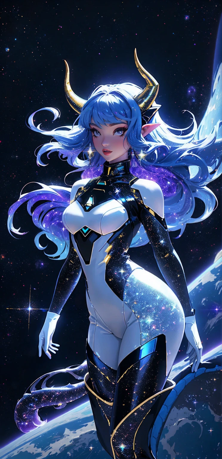 A space dragon sitting at the edge of the universe, lonely, sad, void, stars, the stars mixed in the sea, a sea of stars, ethereal woman, Blue and purple hair , space buns, space outfit, white black and gold outfit, golden dragon horns and tail, space outfit, space suit, mass effect suit, perfectly drawn face, black dress, stars detailed background, prismatic lighting, glitter, whole body, walking on the stars with crystal shoes A beautiful dragon humanoid woman with space hair of variant shades of blue and purple with space buns in hair , Golden scanes on the face and shoulders, Anime, 4k, Beautiful woman with a golden dragon tail and horns, Space hair, Floating in space, Vintage space Attire, floating through space, dancing, havign fun, Space Witch, Witch, Older woman, Toned physique, long hair with side bangs, humanoid face with scales, human with dragon horns and tail, witch outfit, body suit, thigh boots, wearing black, white and gold, blue hair, purple hair, Woman in space with water rippling reflecting the night sky, space and water mixed today, dancing in space, floating, ethereal dragon at the edge of the universe, end of the universe