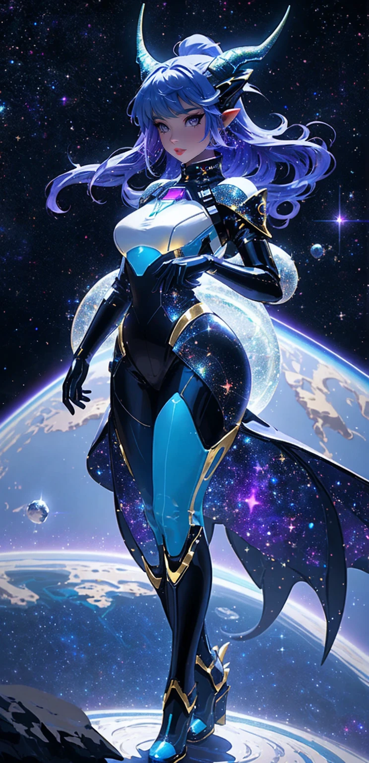 A space dragon sitting at the edge of the universe, lonely, sad, void, stars, the stars mixed in the sea, a sea of stars, ethereal woman, Blue and purple hair , space buns, space outfit, white black and gold outfit, golden dragon horns and tail, space outfit, space suit, mass effect suit, perfectly drawn face, black dress, stars detailed background, prismatic lighting, glitter, whole body, walking on the stars with crystal shoes A beautiful dragon humanoid woman with space hair of variant shades of blue and purple with space buns in hair , Golden scanes on the face and shoulders, Anime, 4k, Beautiful woman with a golden dragon tail and horns, Space hair, Floating in space, Vintage space Attire, floating through space, dancing, havign fun, Space Witch, Witch, Older woman, Toned physique, long hair with side bangs, humanoid face with scales, human with dragon horns and tail, witch outfit, body suit, thigh boots, wearing black, white and gold, blue hair, purple hair, Woman in space with water rippling reflecting the night sky, space and water mixed today, dancing in space, floating, ethereal dragon at the edge of the universe, end of the universe