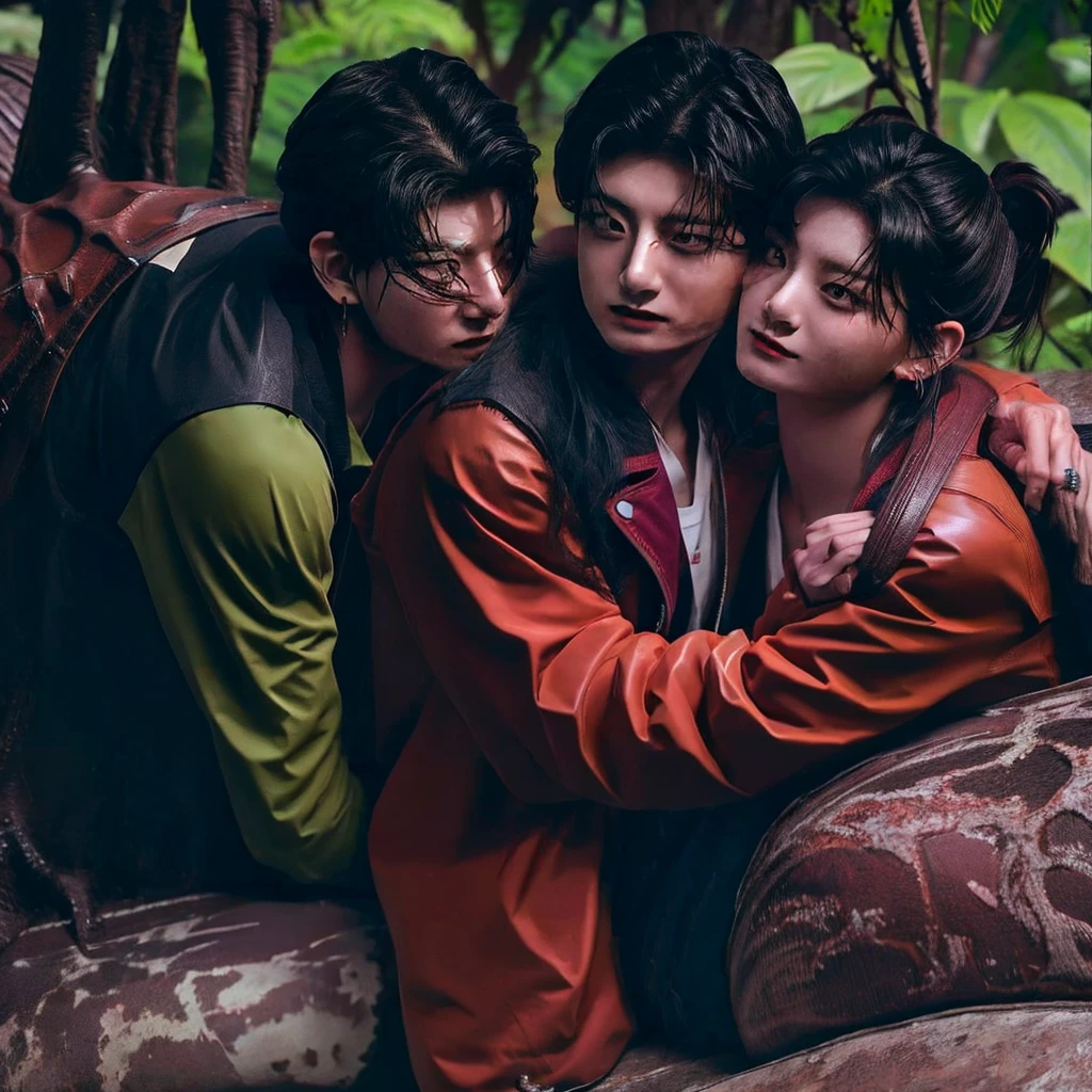 Chica linda como wang yiren, with her boyfriend jeon jungkook , couple looking at each other happy in jurassic park