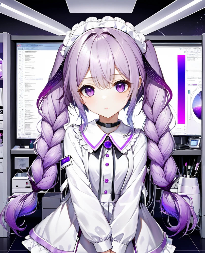 best quality, super fine, 16k, incredibly absurdres, extremely detailed, delicate and dynamic, (purple eyes and braided low twin tails with gradient from white to purple at the ends), background analyzer room lab, various image effects, 