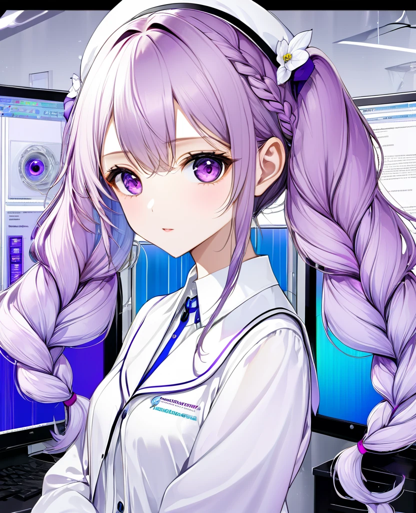 best quality, super fine, 16k, incredibly absurdres, extremely detailed, delicate and dynamic, (purple eyes and braided low twin tails with gradient from white to purple at the ends), background analyzer room lab, various image effects, 