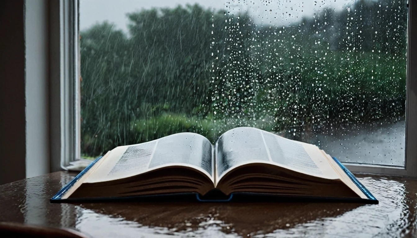 Create a digital artwork of an open book on a desk, positioned in front of a window. Outside the window, depict heavy rainfall, with raindrops streaming down the glass and no other details visible beyond the rain. The scene should focus on the open book, with the desk and window framing it. The room should be dimly lit, creating a cozy atmosphere that contrasts with the stormy weather outside, highlighting the tranquility and solitude of the indoor setting
