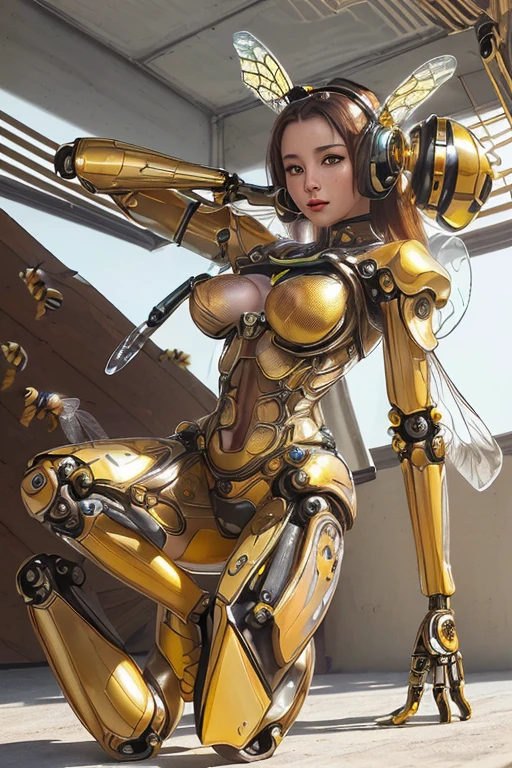 ((Top-quality Bee-Robot Masterpiece)), (( ultra-detailed Bee-Robot)), (( realistical, photorealistic Bee-Robot)), (detaileds, highly-detailed Bee-Robot), (Photorealistic:1.5), Anthropomorphic bee, futuristic, silver and gold metallic exoskeleton, slender and athletic build, with a transparent dome displaying a honeycomb pattern, 30 years old, honey-collecting mechanical arms, high-tech headgear with a bee-like design, exposed abdomen section revealing intricate mechanical components, looking directly at the camera with a bright,