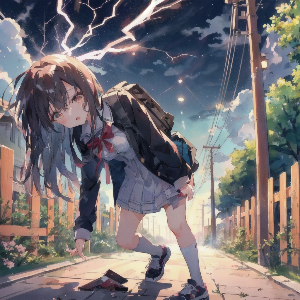 Anime girl walking down the street with a backpack, The person who was struck by lightning and lost consciousness had no pupils in their eyes.,Crazy face with open mouth,,lightning,White of the eyes,anime lighting, 4K Manga Wallpapers, Anime Wallpaper, Anime Style 4k, 4KAnime Wallpaper, 彼女はlightningを引き付けています, 彼女の後ろでlightningが光る, Anime Wallpaper4k, Anime Wallpaper 4k, anime art wallpaper 4k, anime art wallpaper 4k, Railgun