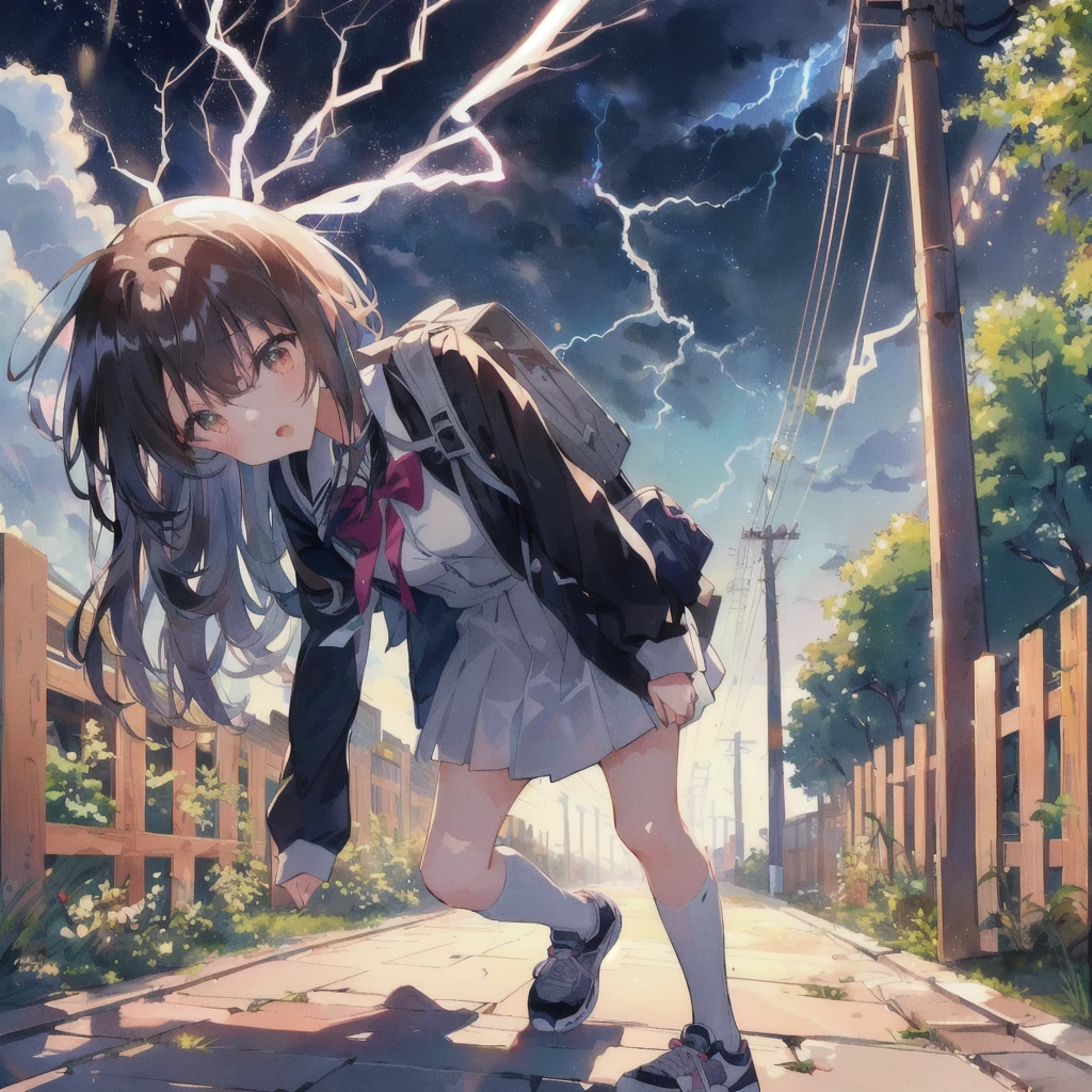 Anime girl walking down the street with a backpack, The person who was struck by lightning and lost consciousness had no pupils in their eyes.,Crazy face with open mouth,,lightning,White of the eyes,anime lighting, 4K Manga Wallpapers, Anime Wallpaper, Anime Style 4k, 4KAnime Wallpaper, 彼女はlightningを引き付けています, 彼女の後ろでlightningが光る, Anime Wallpaper4k, Anime Wallpaper 4k, anime art wallpaper 4k, anime art wallpaper 4k, Railgun