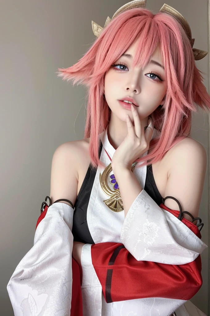 (masterpiece:1.3),best quality,high resolution,unity 8k wallpaper,(illustration:1),perfect lighting,photo_\(medium\),photorealistic,realistic,finely detail,extremely detailed,soft lighting and shadow,soft yet striking lighting,film grain:1.2,yae miko, 1girl, solo, pink hair, purple eyes, looking at viewer, long hair, realistic, animal ears, parted lips, detached sleeves, japanese clothes, upper body, fox ears, grey background, simple background, bangs, lips, bare shoulders, hand up, jewelry, wide sleeves, nontraditional miko, breasts