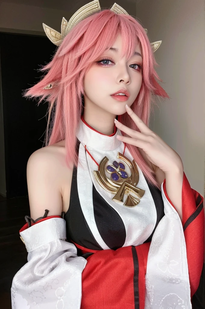 (masterpiece:1.3),best quality,high resolution,unity 8k wallpaper,(illustration:1),perfect lighting,photo_\(medium\),photorealistic,realistic,finely detail,extremely detailed,soft lighting and shadow,soft yet striking lighting,film grain:1.2,yae miko, 1girl, solo, pink hair, purple eyes, looking at viewer, long hair, realistic, animal ears, parted lips, detached sleeves, japanese clothes, upper body, fox ears, grey background, simple background, bangs, lips, bare shoulders, hand up, jewelry, wide sleeves, nontraditional miko, breasts