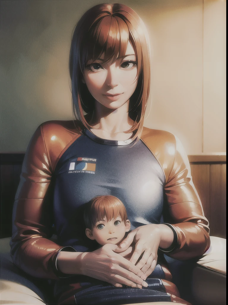 detailed shiny skin, (realistic, photo-realistic:1.4), photo of mother and little boy wearing astronaut suit