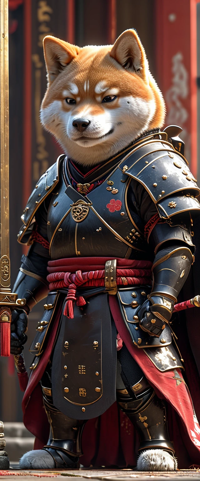 Shiba Inu Samurai,whole body, He has a Japanese sword charged with lightning., Wearing black Japanese armor and hakama haori, Japanese temple background, High resolution, masterpiece, Highest quality, Very detailed, Very detailed, Ultra-realistic,
 Japan style, 3D Fluffy, Cute and adorable close-ups, Cute big round reflective eyes, Long fuzzy fur, Pixar Rendering, unreal engine Cinematic smooth, Exquisite detail, Cinematic