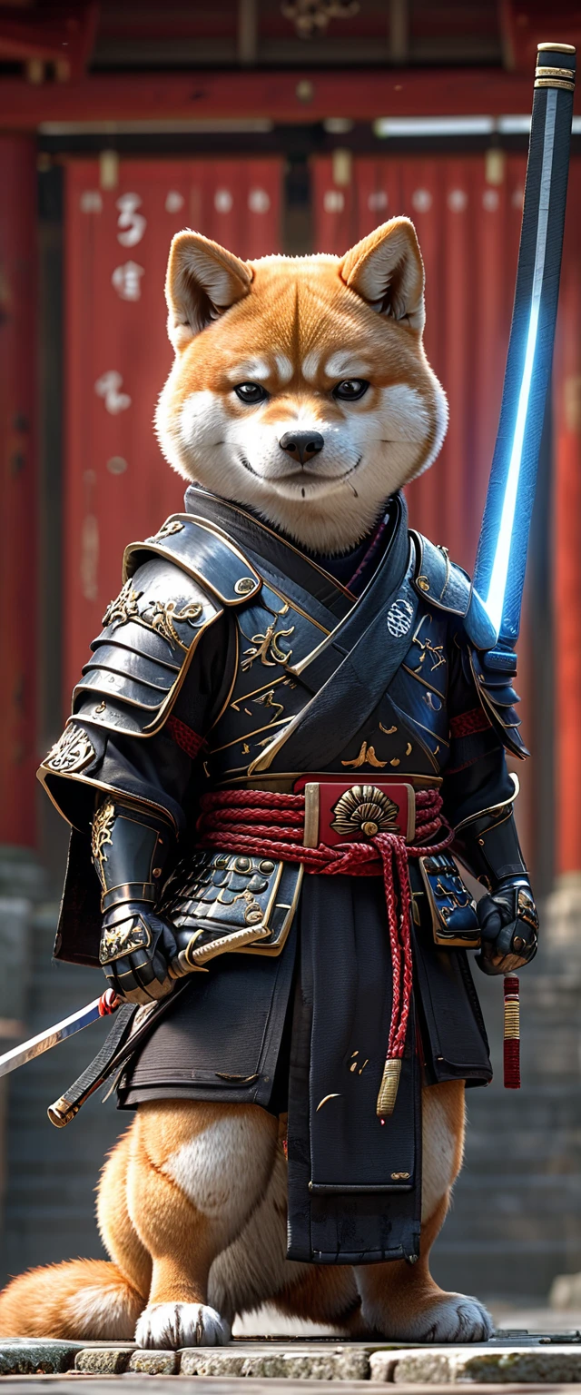 Shiba Inu Samurai,whole body, He has a Japanese sword charged with lightning., Wearing black Japanese armor and hakama haori, Japanese temple background, High resolution, masterpiece, Highest quality, Very detailed, Very detailed, Ultra-realistic,
 Japan style, 3D Fluffy, Cute and adorable close-ups, Cute big round reflective eyes, Long fuzzy fur, Pixar Rendering, unreal engine Cinematic smooth, Exquisite detail, Cinematic