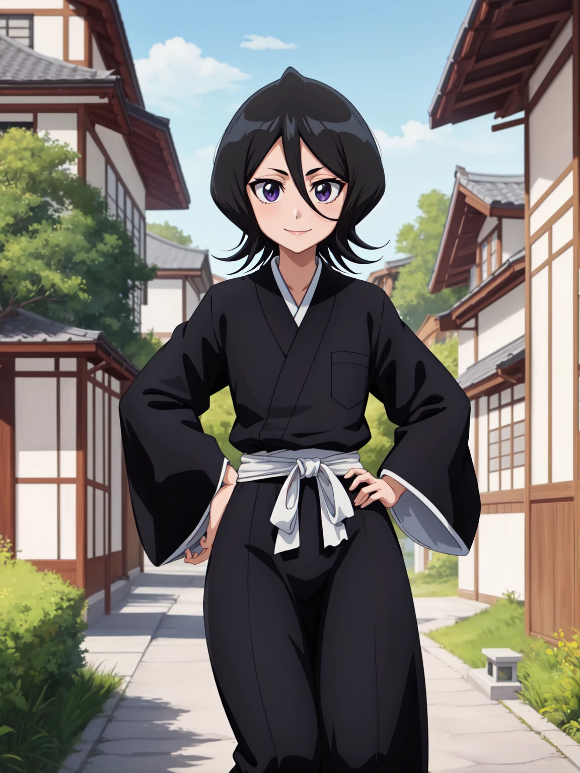 anime screencap, forest,path,
1girl, solo, hand on hip, short hair, black hair, purple eyes, japanese clothes, smile, looking at viewer, black kimono, hair between eyes, cowboy shot, wide sleeves, facing viewer, black hakama,white_sash, sitting, seductive smile, Japanese house,
