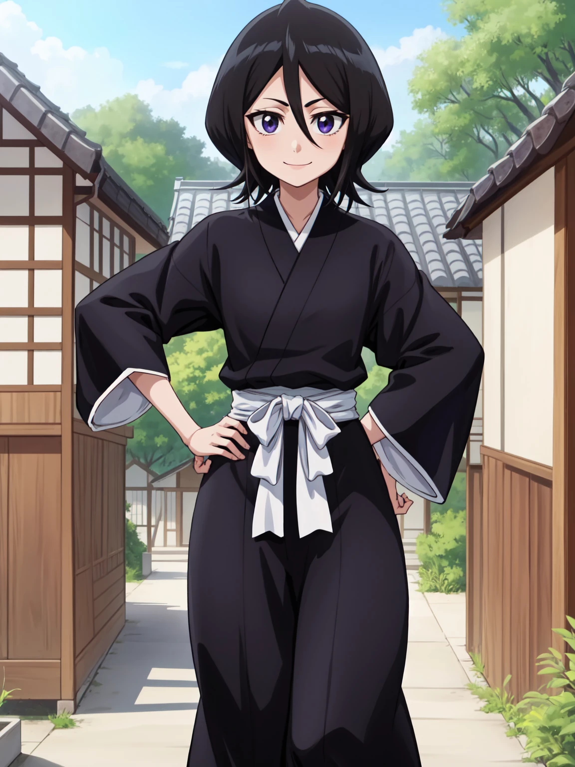 anime screencap, forest,path,
1girl, solo, hand on hip, short hair, black hair, purple eyes, japanese clothes, smile, looking at viewer, black kimono, hair between eyes, cowboy shot, wide sleeves, facing viewer, black hakama,white_sash, sitting, seductive smile, Japanese house,