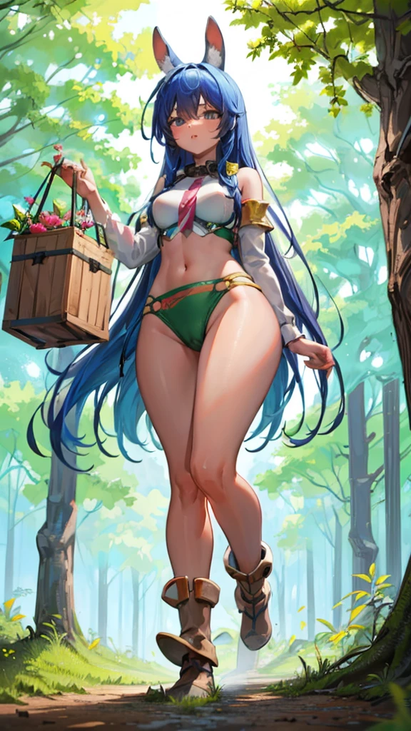 In a forest of large trees there is an even larger Amazonian giantess, with brown skin, black hair, thin, with clothes of the forest, and with very long legs, she is looking for small human invaders of the forest to destroy them so that they do not disturb the peace of the forest. Giantess, goddess, hot, black skin, tall legs, sexy, tiny people, tiny humans, crush, forest, trees, standing, group of small people, slim body