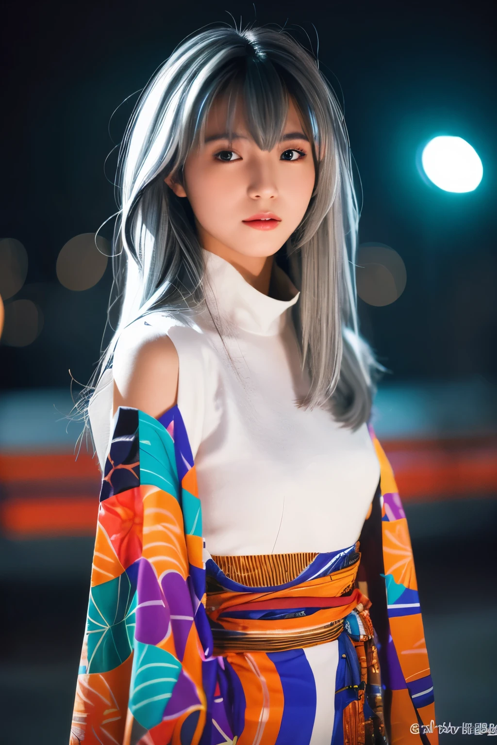 Masterpiece, high quality, high resolution, 8K, (solo:1.2), ((1girl)), Japanese woman, detailed face, detailed eyes, correct body structure, upper body, ((White hair:1.2)), very long hair, messy hair, slender body, seductive silhouette, luminous bones, depth of field, dark photo at nighttime, dimly lit, bangs, Cinematic Lighting, Tyndall effect, abstract background, futuristic outfits, vibrant colors, modern style, wide sleeves, artistic, unique patterns, colorful, stylish, trendy