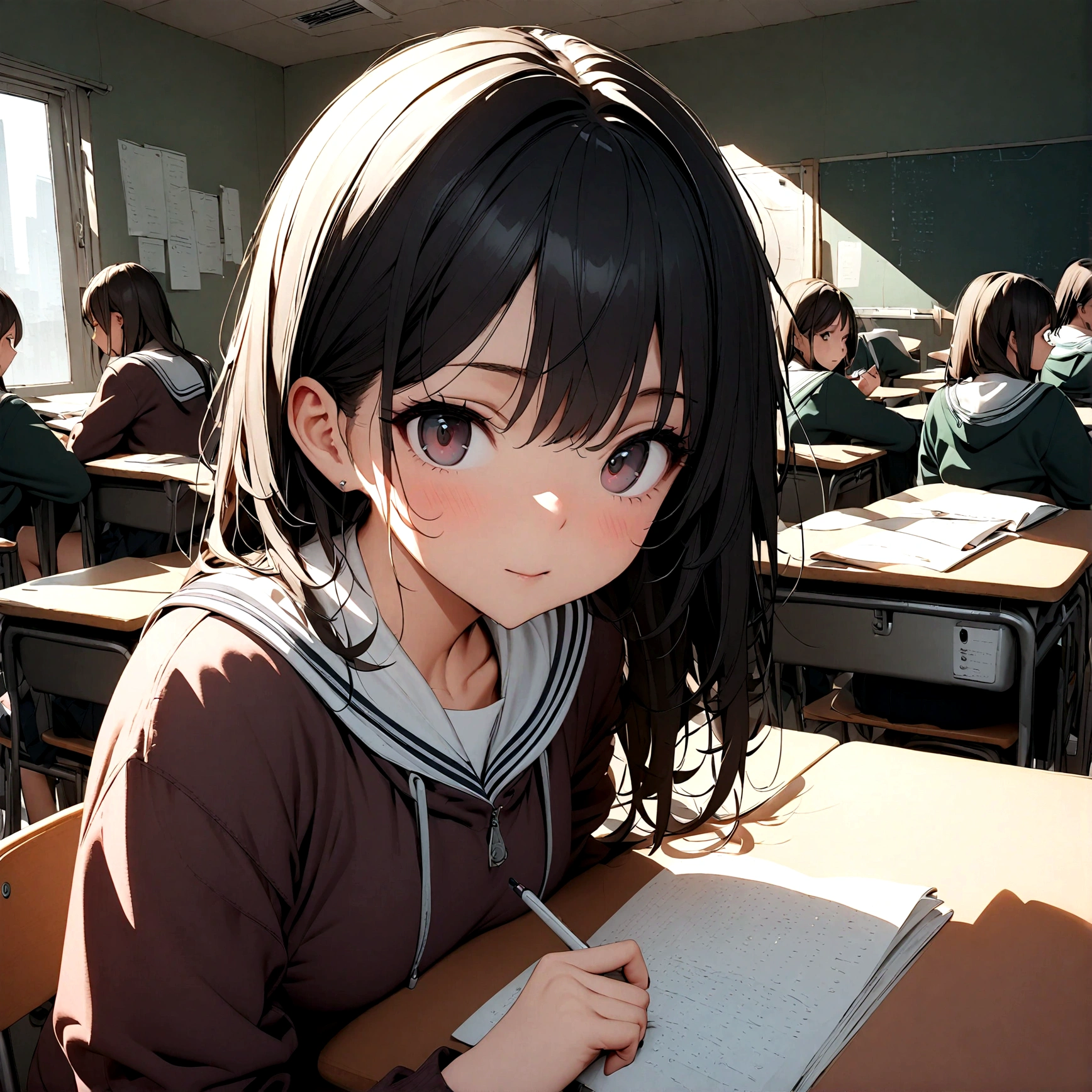 ((many students:1.9) are sitting at desk taking the exam:1.5), (1female taking selfie by iphone of herself taking the exam),1test paper on the each desk. BREAK ,quality\(8k,wallpaper of extremely detailed CG unit, masterpiece,hight resolution,top-quality,top-quality real texture skin,hyper realisitic,increase the resolution,RAW photos,best qualtiy,highly detailed,the wallpaper,cinematic lighting,ray trace,golden ratio\),(long shot),dramatic angle,(top-down view:1.3),looking away,(students and desks are lined up neatly :0.2),(better hands)