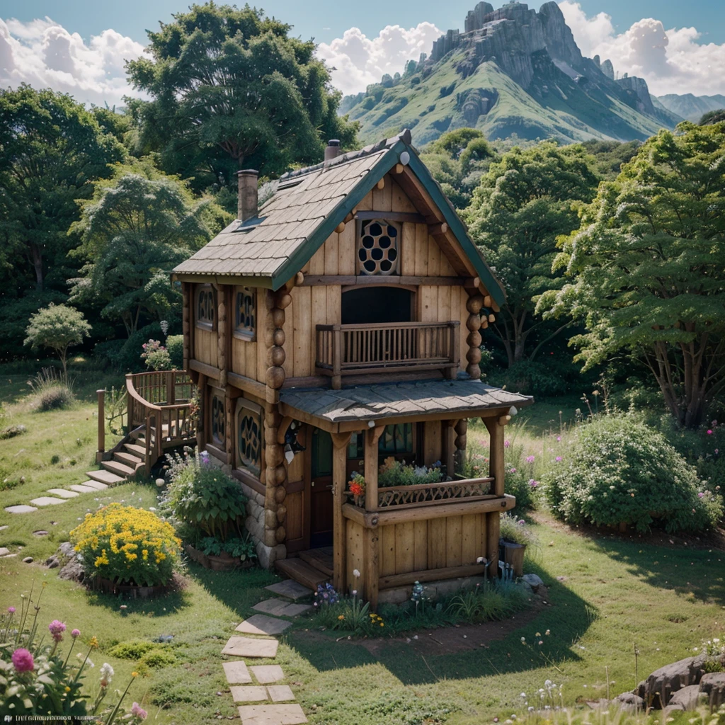 Realistic, real life, beautiful hobbit house on the hill, style of laurie greasley, studio ghibli, akira toriyama, james gilleard, genshin impact, trending pixiv fanbox, acrylic palette knife, 4k, vibrant colors, devinart, trending on artstation