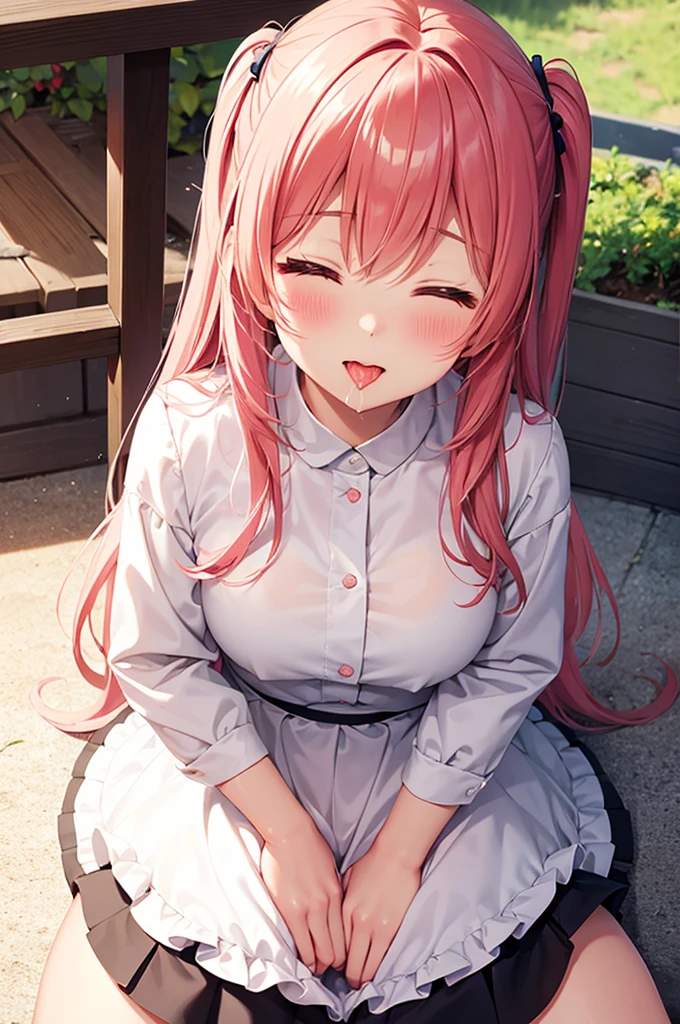 From above, (Close ~ eyes:1.2) One Girl, blush, sit, beautiful girl,skirt, Anime move,Two Side Up、(Gloss Lip)、Thick lips,Kissing Face,Open your mouth、Sticking out tongue、saliva