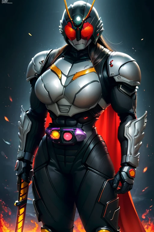 ((((Massive, beautiful, buff, muscular light brown skinned female kamen rider with black hair, black lipstick, ginormous bulky muscles, holding a fire sword katana and wearing a gleaming black kamen rider armored suit with pants)))), {close view}, black eyeliner, massive muscles, large breast, massive biceps, hyper muscle triceps, (long straight hair), orange eyes, kamen rider boots, (In a dilapidated city), (kamen rider armor), (cape), nighttime, closed smile, hyper muscles arms, hyper muscle legs, ginormous arms