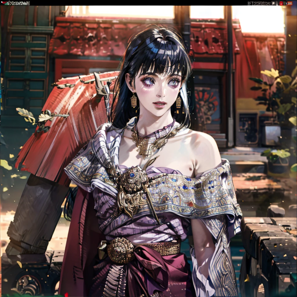 detailed face, detailed eyes, shiny skin, (extremely detailed 8k wallpaper),(8k, RAW photo, HDR, absurdres:1.2,best quality, masterpiece:1.2), (realistic, photo-realistic:1.37),best quality, realistic, photorealistic,ultra detailed,extremely detailed face,BRIGHT LIGHT,ultrawide shot, 8k uhd, dslr, soft lighting, high quality, film grain, Fujifilm XT3 tradition gold body strap, red sabai dress, thai traditional necklace, thai traditional bracelets, thai traditional belt, thai traditional earring, strapless thai traditional dress, temple,indoor,Statue of Buddha, ((blunt bangs)), dark blue hair, purple eyes, long hair, detailed face, ((1 girl))