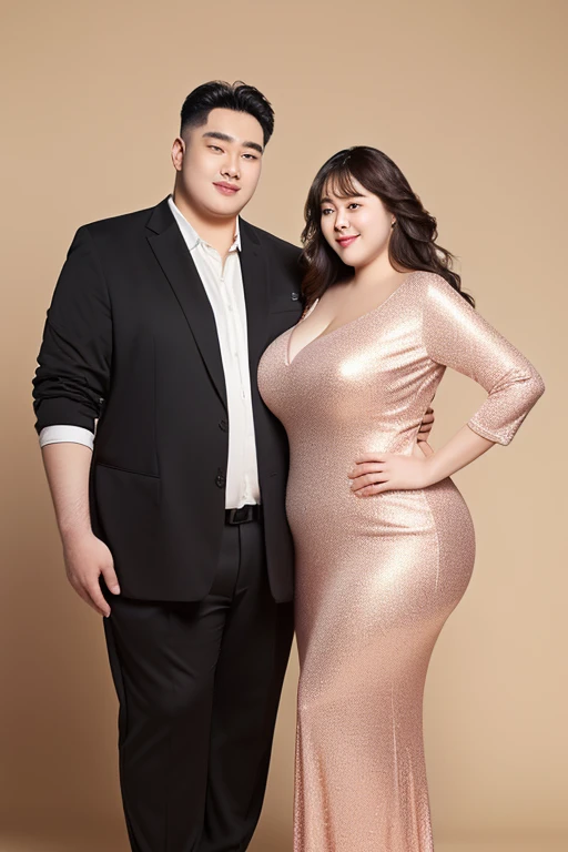 186cm 105kg thin man with abdominal obesity, ((140 kg thin woman with abdominal obesity)), A friendly extremely obese man and woman couple, photorealistic, 8K