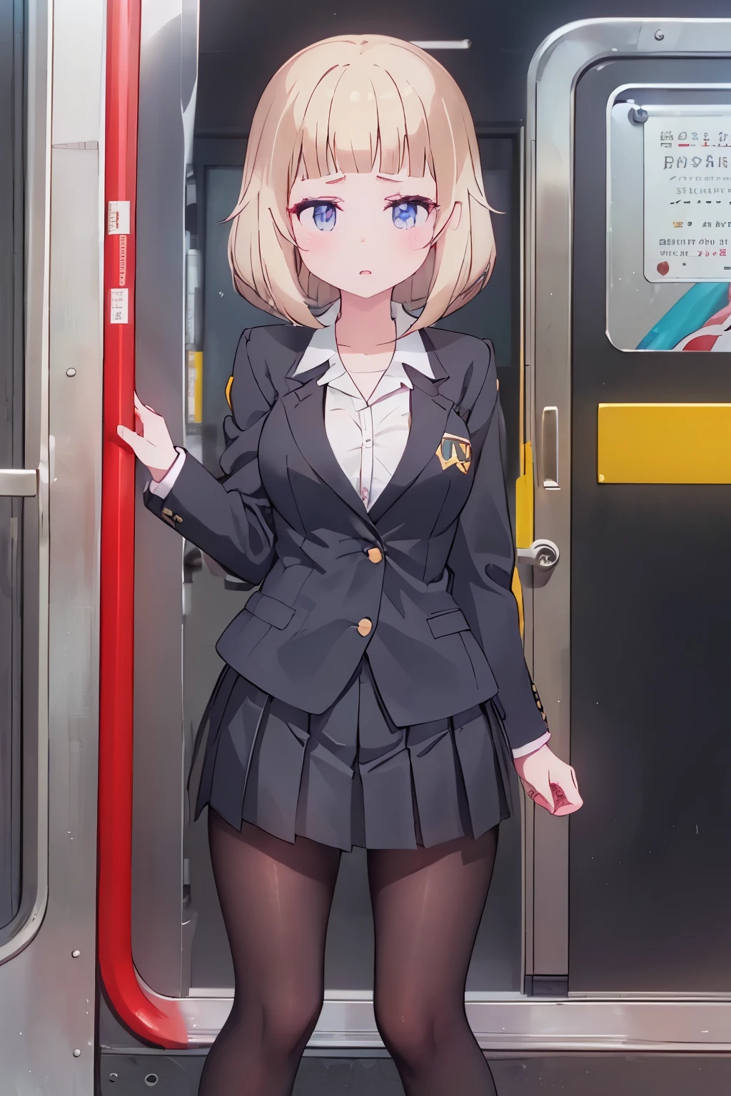 (8K、Highest quality、highest quality、masterpiece)、Detailed face、One girl、on the train、Put your hands on the door、Press against chest、((ドアの窓ガラスにPress against chest1.4))、、short hair、、blunt bangs、Grey Eyes、、、((Blazer jacket uniform))、((Pleated skirt))、((No panties))、((bent over))、Back Alley Background、Very large breasts、Nipples are visible、、Black Pantyhose、Milk dripping from nippleilk spurting from the nipple、、Open your mouth、Troubled face、Love juice from the genitals、Full body portrait、Black Loafers、One man、Hearts in the eyes、Sex with a man、A man stands behind、A man grabs my waist from behind、Standing doggy style、Put your hand on the door、Exposing the breasts