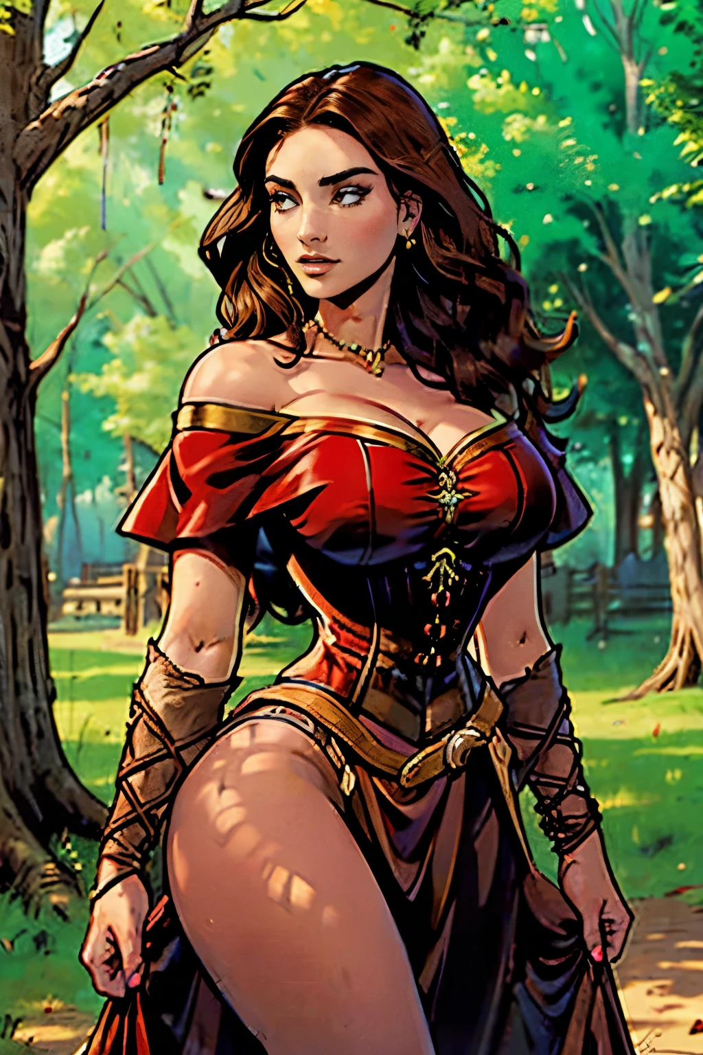 Gorgeous and sultry busty athletic (happy) brunette with sharp facial features, long hair, large breasts wearing a renaissance dress, off-shoulder, corset, red dress,  In a renaissance fair, medieval village, forest.