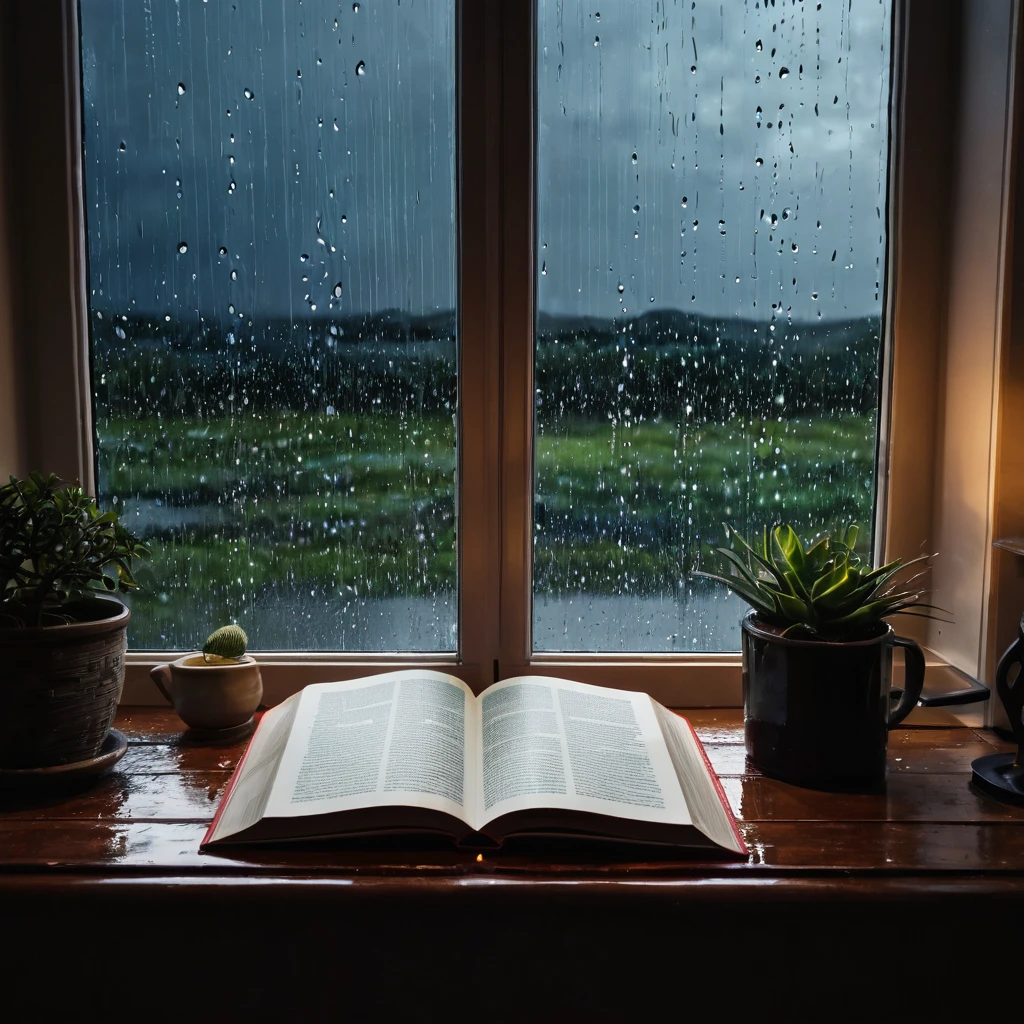Create a digital artwork of an open book on a desk, positioned in front of a window. Outside the window, depict heavy rainfall, with raindrops streaming down the glass and no other details visible beyond the rain. The scene should focus on the open book, with the desk and window framing it. The room should be dimly lit, creating a cozy atmosphere that contrasts with the stormy weather outside, highlighting the tranquility and solitude of the indoor setting