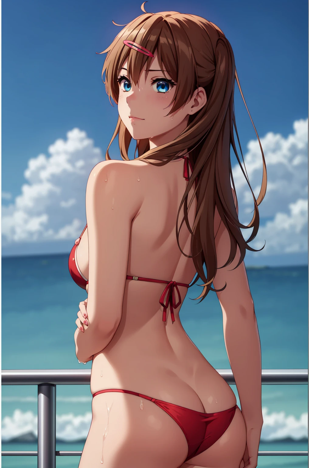 ((masterpiece, Highest quality, High resolution, uhd, Pixel perfect, Depth of written boundary, 4K, RTX, HDR)), 1 Girl, single, alone, 24-years-old, Beautiful Anime Girls, Beautiful art style, anime character, ((Parted bangs, Brown Hair)), (blue eyes、Round eyes, Delicate eyelashes、Beautiful eyelashes, Perfect Eyes), (Detailed face:1.2), (Smooth texture:0.75, Realistic texture:0.65, Realistic:1.2, Cinematic, Anime CG Style), Perfect body, Ocean:1.3、Moderately good breasts:1.7、Red Micro Bikini Swimsuit:1.8、Visible from the thighs:1.9、Wet、Water Drop、Splash、nsfw、visible from below、Seen from behind