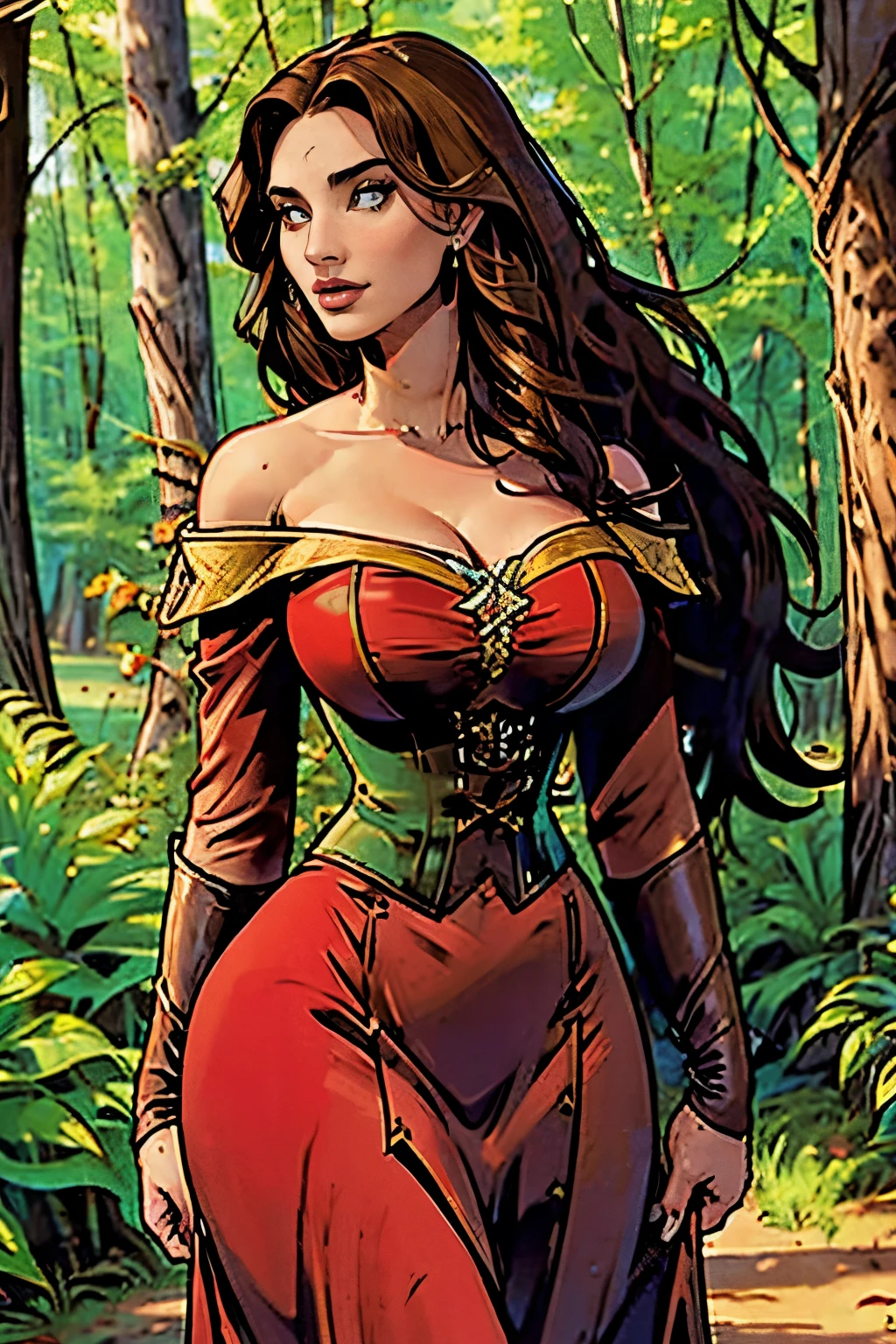 Gorgeous and sultry busty athletic (happy) brunette with sharp facial features, long hair, large breasts wearing a renaissance dress, off-shoulder, corset, red dress, In a renaissance fair, medieval village, forest.